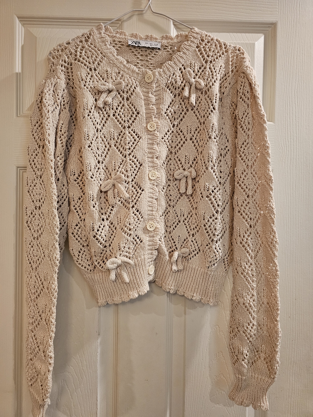 ZARA Cream Openwork Knit Bow-Accent Cardigan